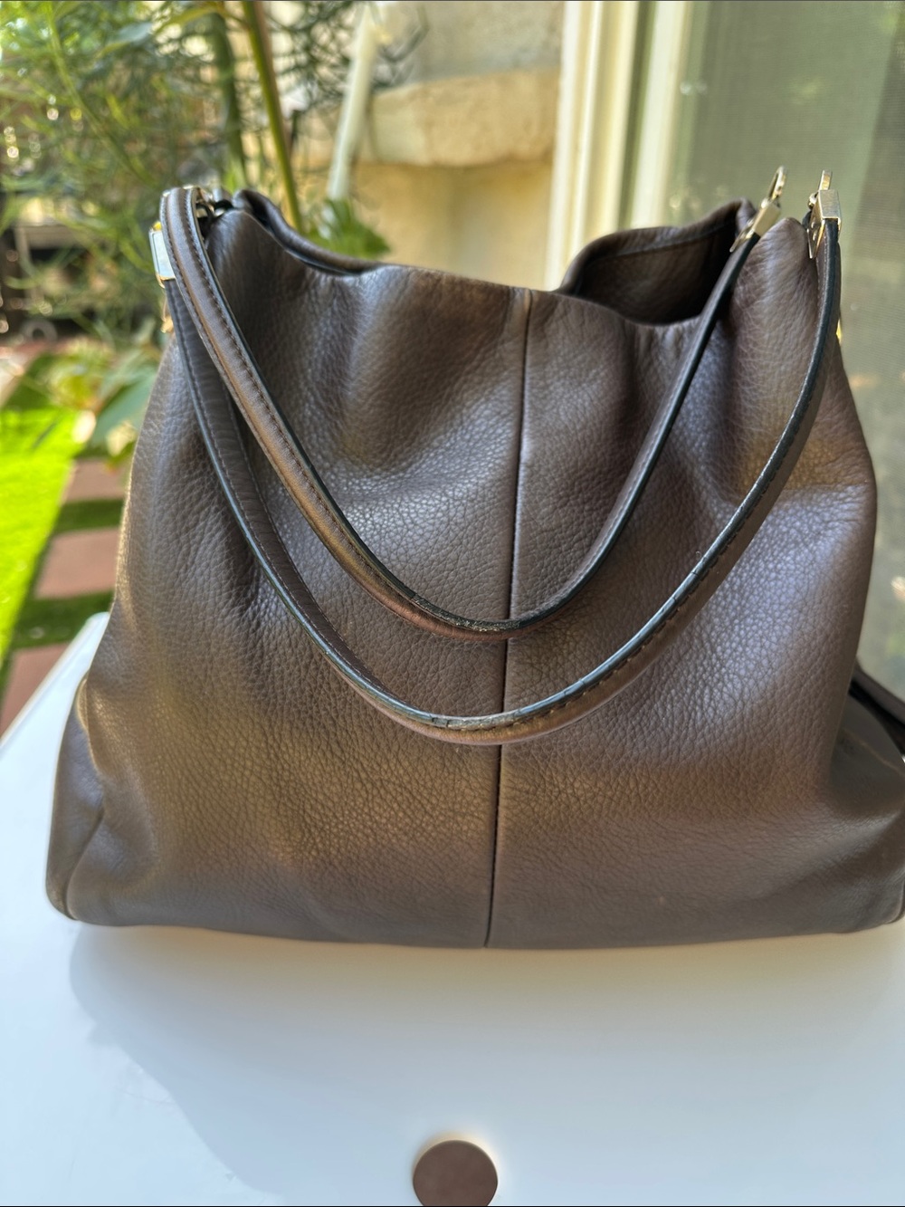 Coach Dark Brown Pebble Leather Double-Handle Shoulder Bag